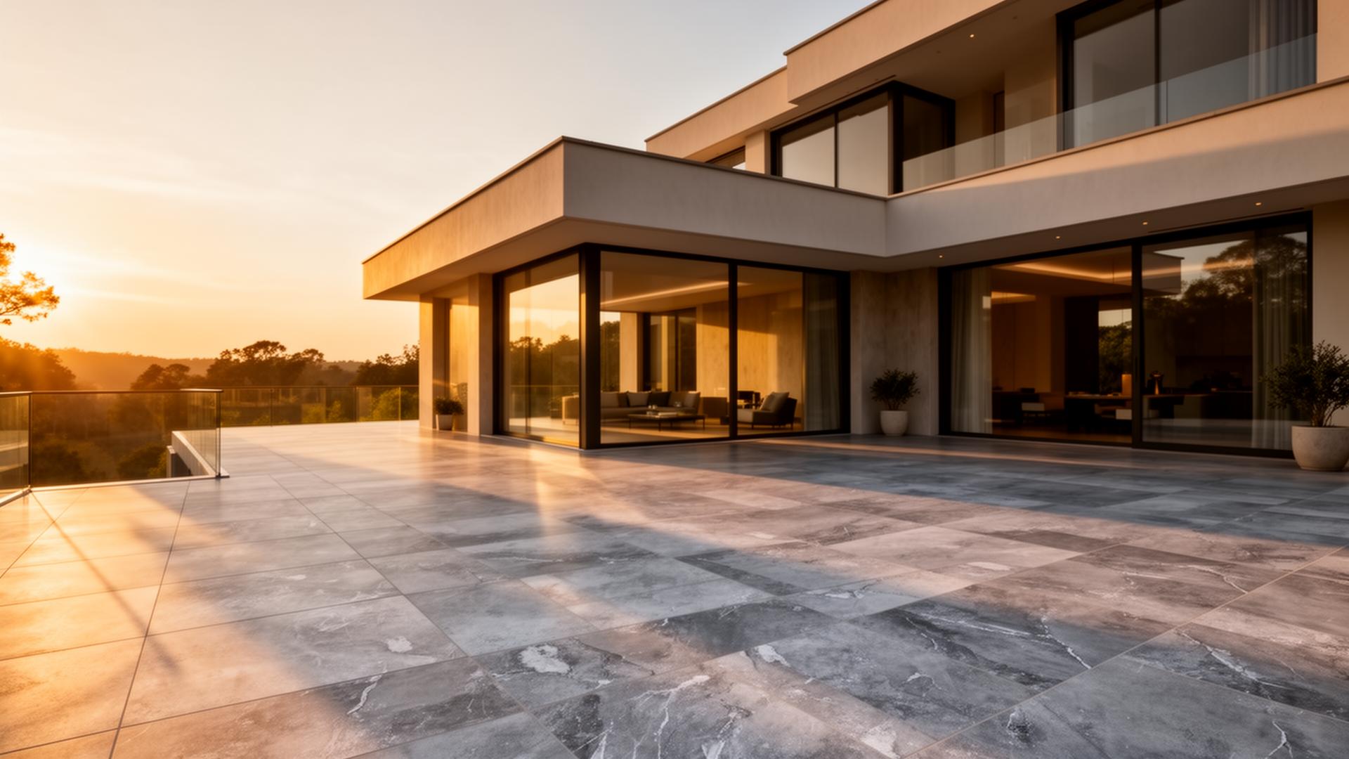 Terrasse moderne avec carrelage grand format